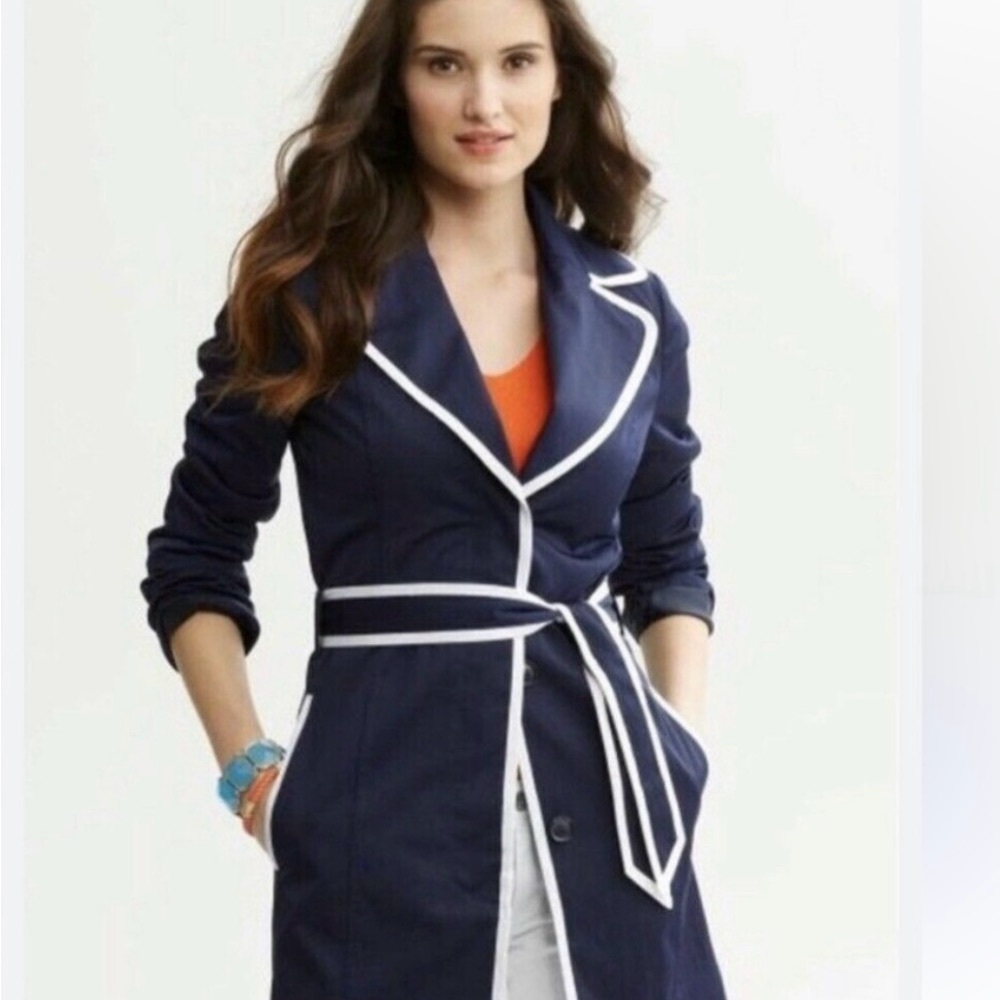 Banana Republic Blue and White Trench Coat with Nautical Influence
